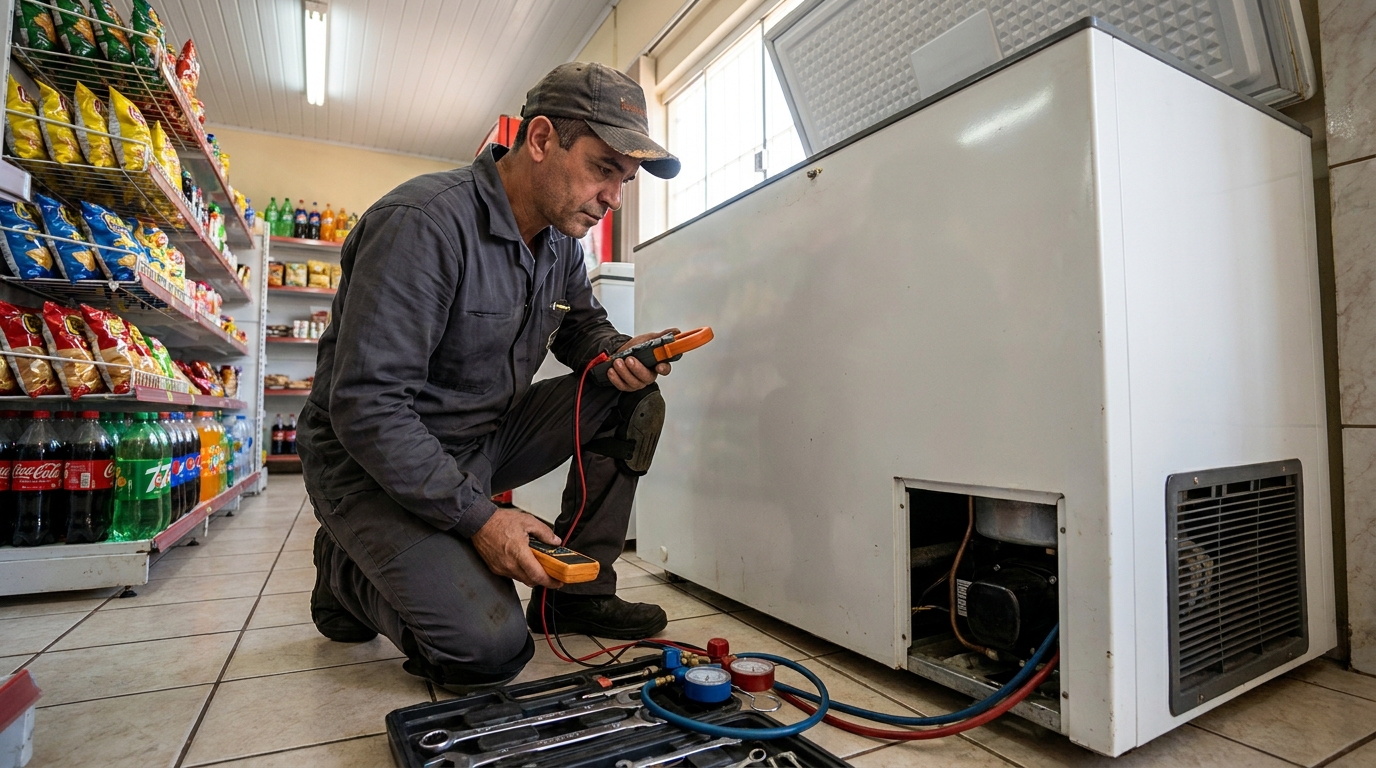 Reparo da placa eletrônica de um freezer em atendimento em Montes Claros‑MG