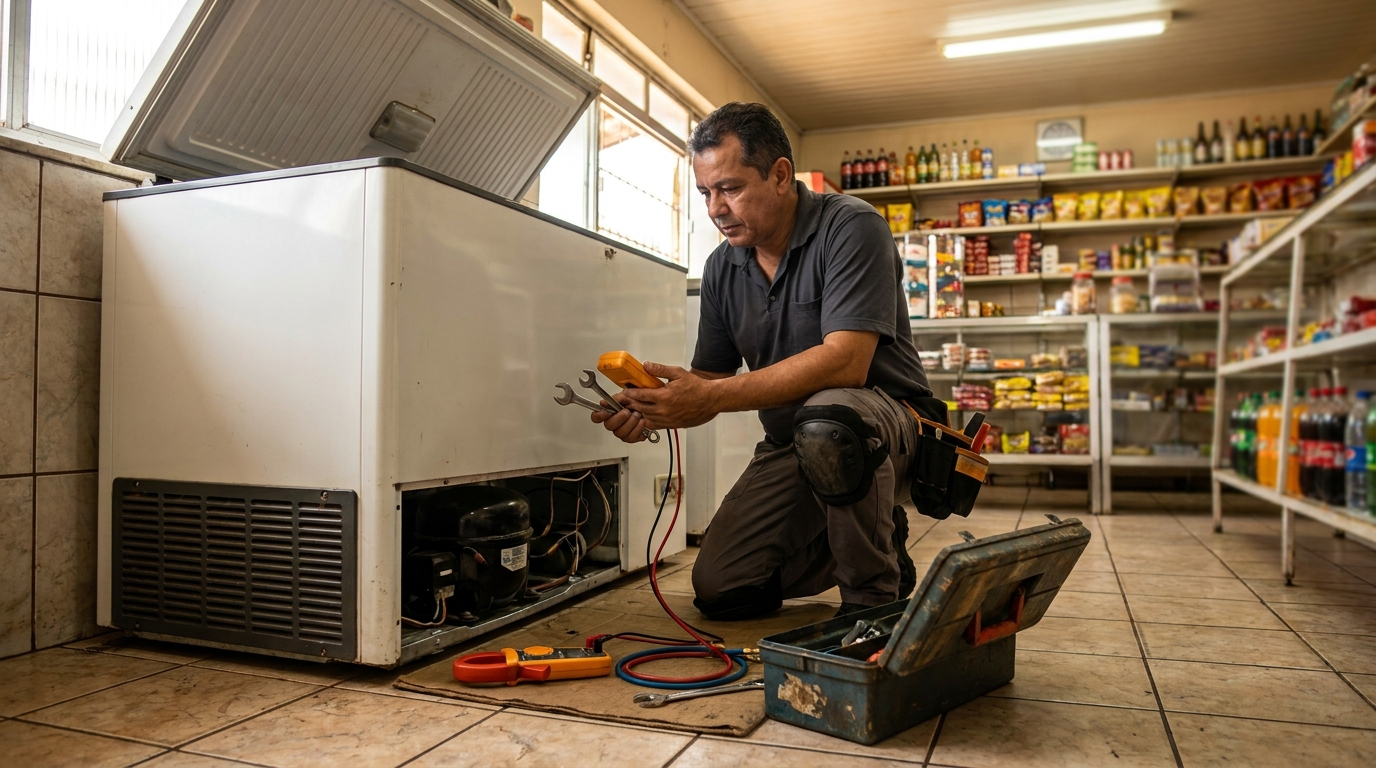 Técnico reparando o motor de um freezer horizontal em Montes Claros‑MG