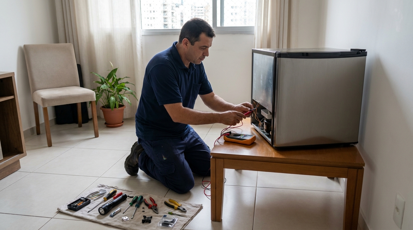 Técnico revisando o motor de um frigobar em Montes Claros‑MG