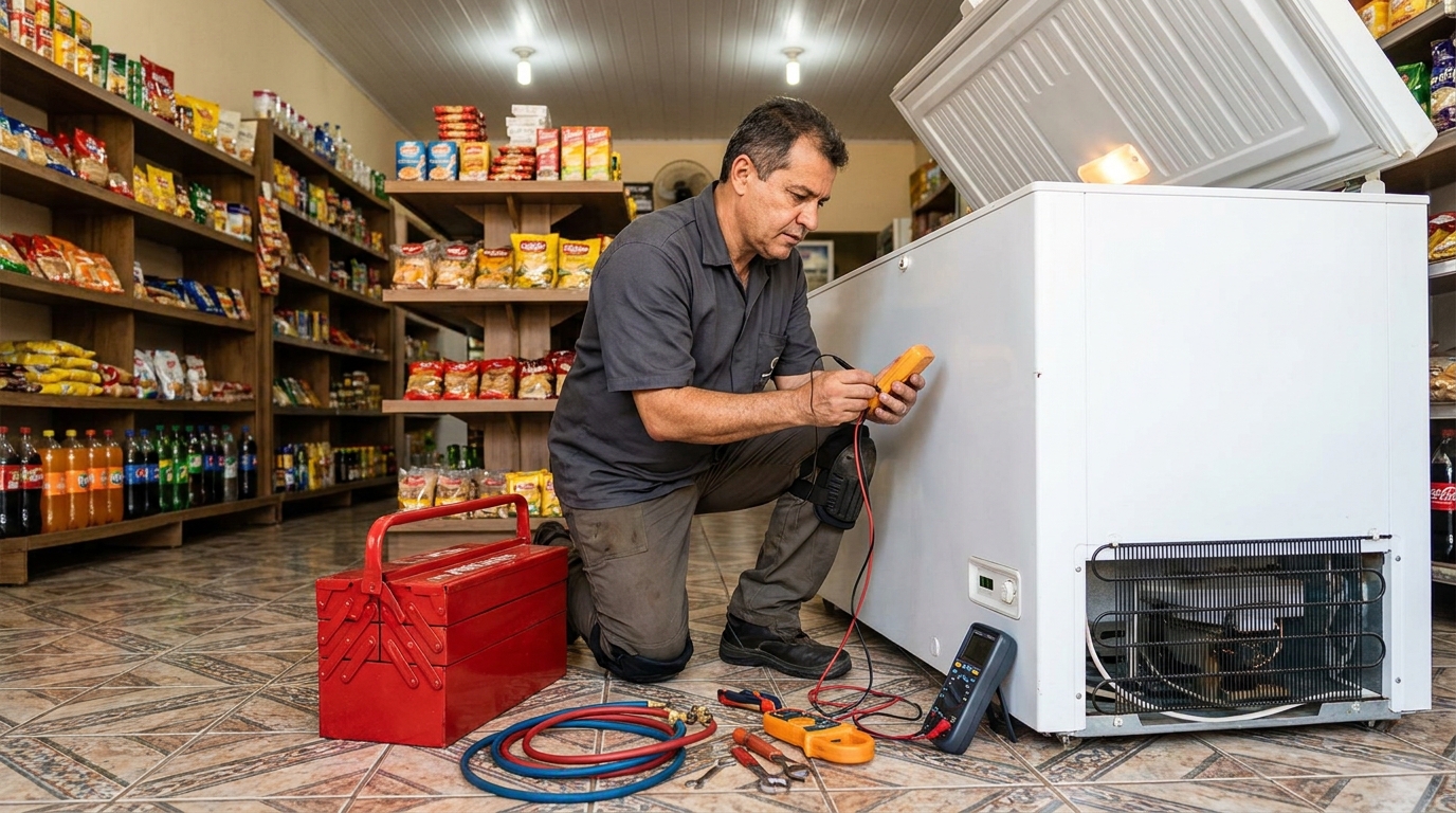 Manômetro conectado ao circuito durante recarga de gás de freezer em Montes Claros‑MG