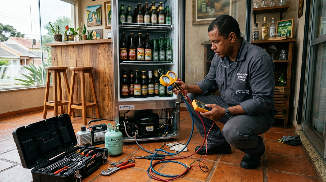 Técnico conferindo a temperatura de uma cervejeira durante atendimento em Montes Claros‑MG